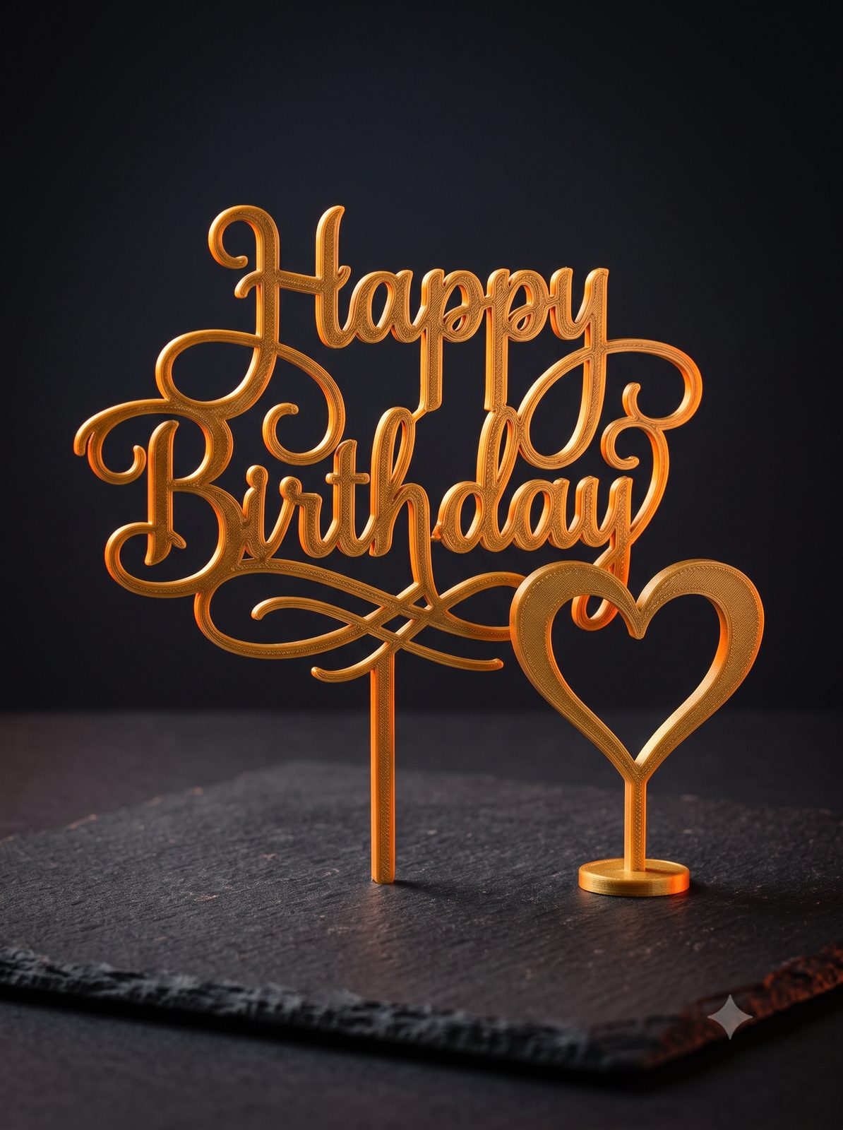 3D printed Happy Birthday cake topper with a decorative heart accent
