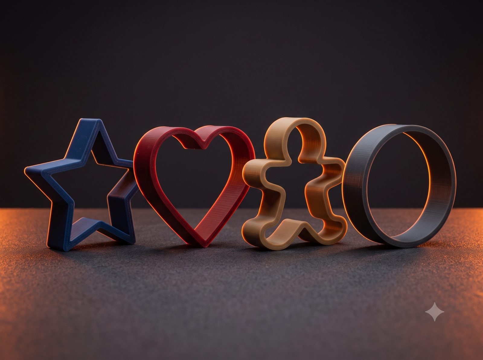 Colourful 3D printed cookie cutters including a star, heart, gingerbread man and circle