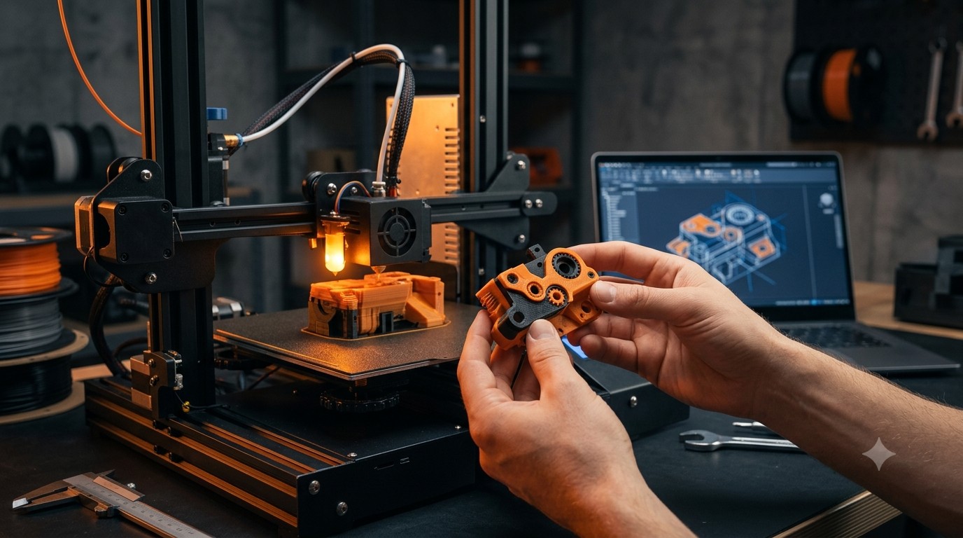 Hands holding a freshly 3D printed prototype part in front of an active Bambu Lab 3D printer, CAD design visible on a laptop screen in the background