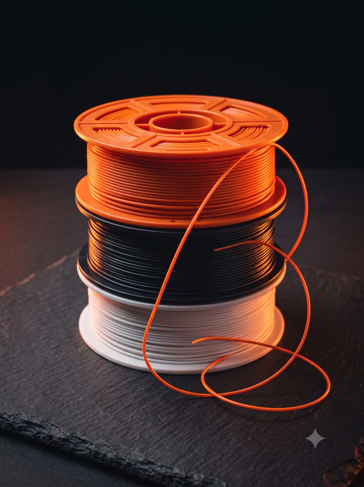 Stacked spools of orange, black and white filament