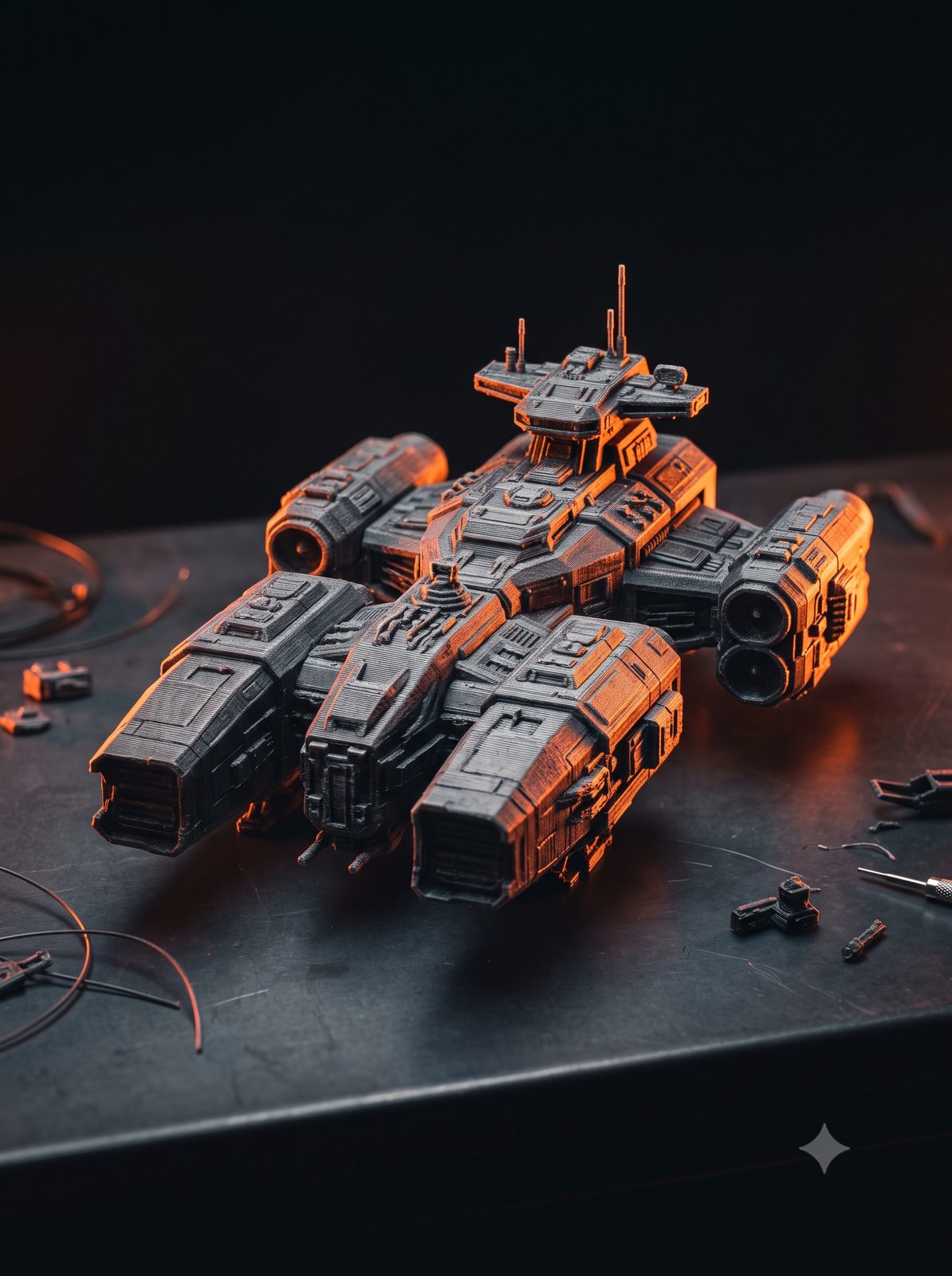 Sleek 3D printed model spacecraft with twin engines