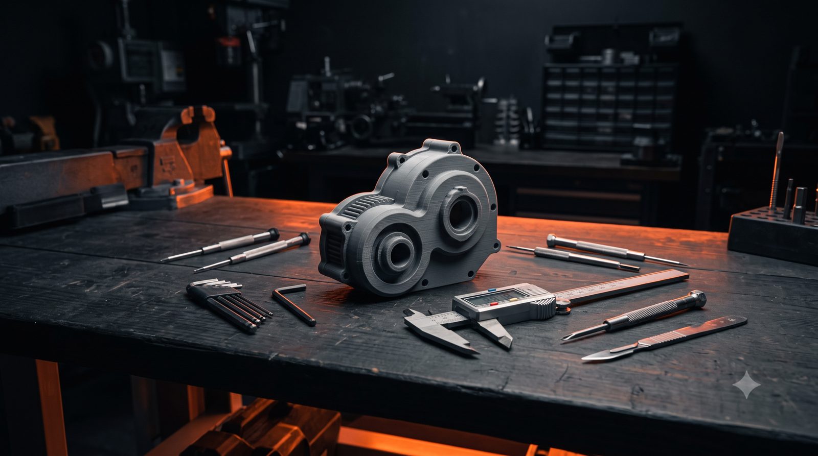 3D printed gearbox housing prototype on a workbench with calipers and tools