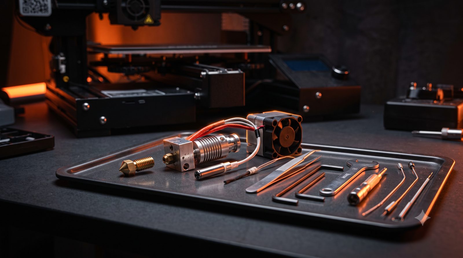 Disassembled 3D printer hotend with precision tools on a tray
