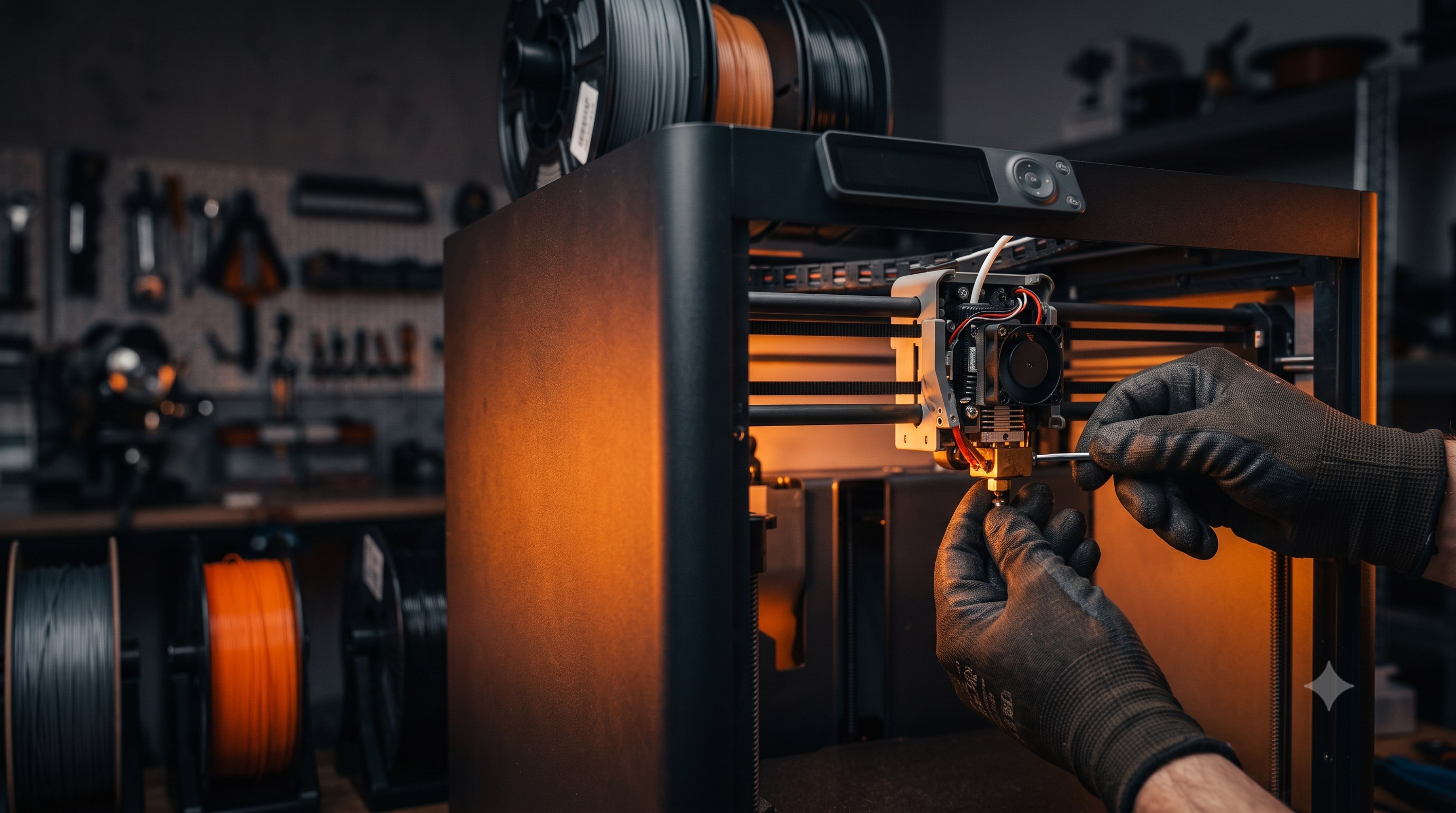Gloved technician servicing the toolhead of a Bambu Lab 3D printer with a hex tool, warm interior lighting